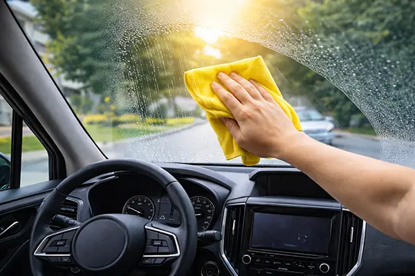 Autoscheiben innen streifenfrei reinigen – Mikrofasertuch auf Windschutzscheibe