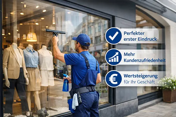Schaufensterreinigung im Gewerbe – saubere Glasfront mit Spiegelung