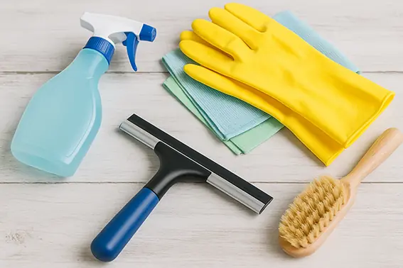 Die wichtigsten Reinigungsutensilien für Glas und Fenster – Abzieher, Tuch, Sprühflasche